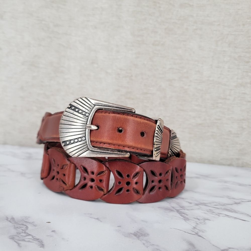 Brown Leather Interlock Tab Belt with Silver Toned Aztec Buckle